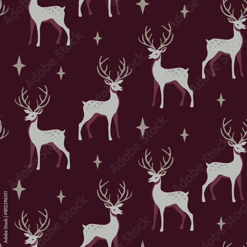 Seamless vector pattern with fawn on burgundy background. Deer woodland illustration for textile, wallpaper or print design. Elegant winter design