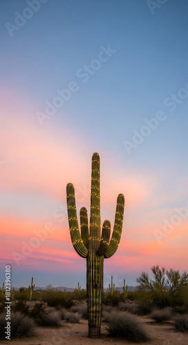 Saguaro cactus adorned with lights standing tall against a colorful sky at dusk