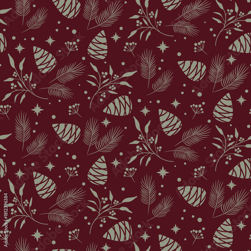 Pine Cone dark red Pattern, Seamless Christmas winter woods texture tileable background