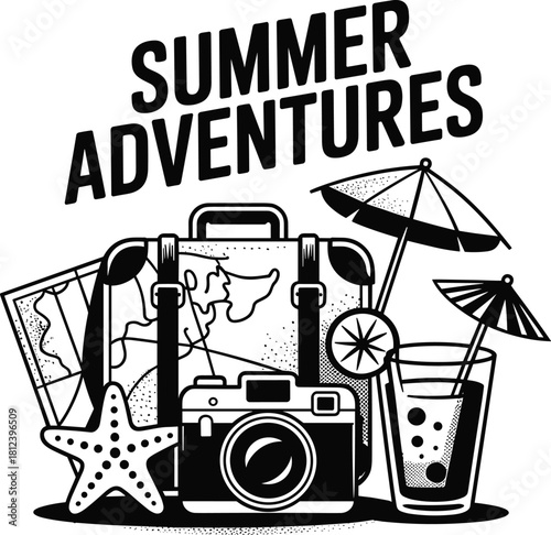 Black and White Summer Adventures Vector Illustration, Travel, Vacation, and Retro Holiday Sketch