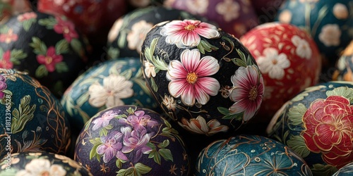 Vibrant Painted Easter Eggs with Floral Details in Stunning Close-Up