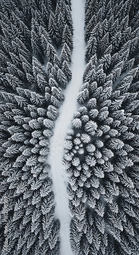 Aerial view of winding road cutting through dense snowy forest during winter scenery