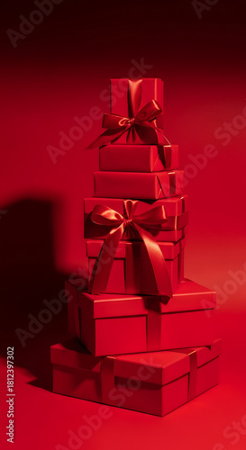 Stack of gifts wrapped in red paper and tied with ribbons tower against red backdrop