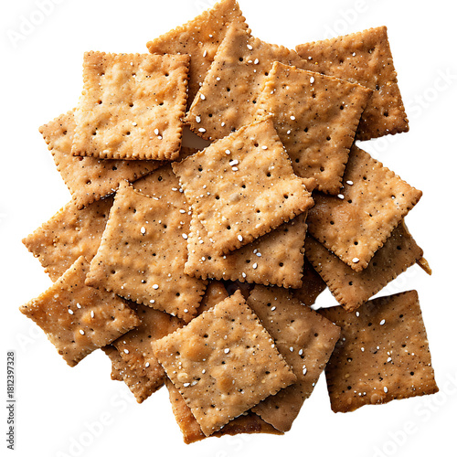 A scattered pile of square crackers with sesame seeds and pepper seasoning close up on transparent background