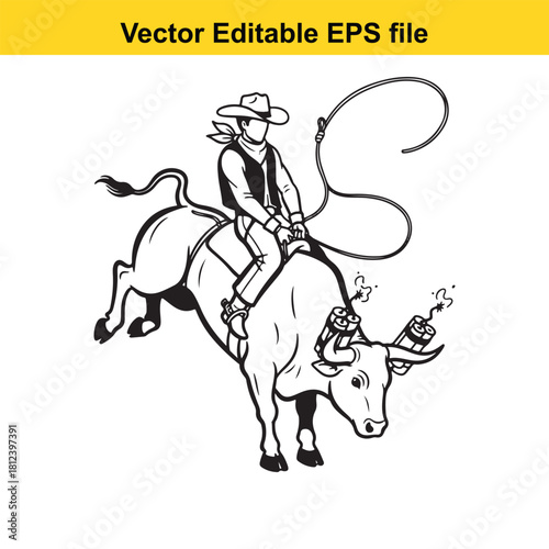 Black and white vector line art illustration of a cowboy riding a bucking bull with dynamite attached to its horns, isolated on