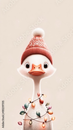A silly white goose tangled in colorful Christmas string lights, wearing a knitted red and white winter ha