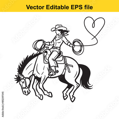 Black and white line art vector illustration of a cowgirl riding a horse and holding lassos with a heart shape above, isolated on