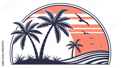 Gulf Shores sunset palm silhouette retro badge