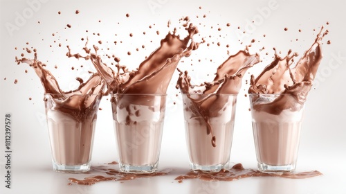 An array of milkshake splashes, contrasted against a white background, showcases the dynamic movement of the milkshake as it's being stirred or poured, emphasizing the smooth, luxurious texture of
