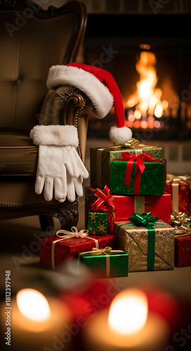 Santa hat and gloves sit on chair with wrapped gifts near fireplace in cozy room