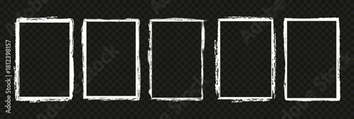 Grunge photo edge overlay frames with realistic textured borders. Rectangular vintage paper effect featuring rough brush strokes and snowy worn edges. Perfect for retro photo edits and graphic design.