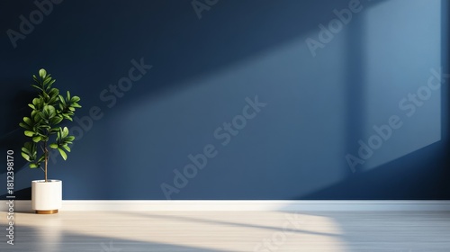 Navy Blue Wall Room Scene with Plant, Interior Design, Minimalist Decor Interior Design, Minimalism