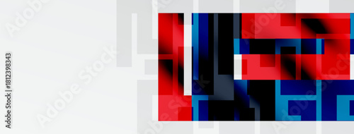 Abstract digital art. Red, blue, black hues blend. Geometric shapes create modern visual impact. Minimalist composition, clean lines present.