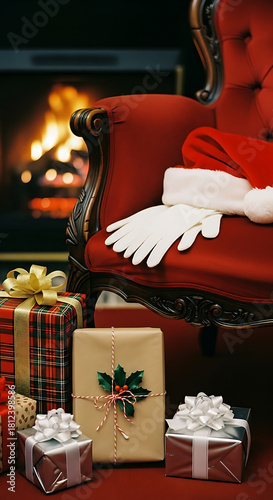 Santa hat and gloves sitting on chair next to pile of wrapped presents by fireplace
