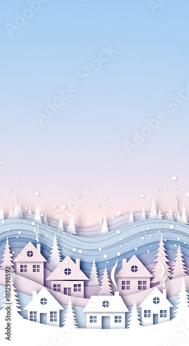 Winter snowy village with white houses and christmas trees in paper cut style
