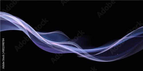 Dynamic blue and purple smoke curves flow smoothly on a black background, creating an abstract wave pattern of light, color, and motion