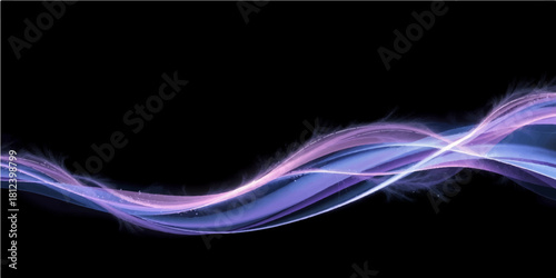 Abstract blue smoke lines and curve design create a flow of light and energy on a black backdrop with a fractal glow effect