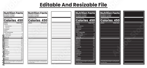 Editable and resizable vector file featuring six variations of nutrition facts labels, including detailed and blank templates in both light and dark modes