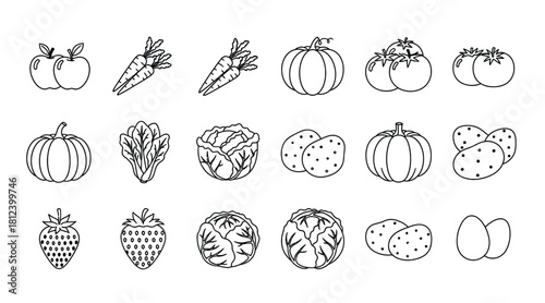 Outline drawing of fruits and vegetables in a row on white background