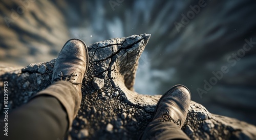 Overlooking the precipice from a first-person view with worn boots on a dangerous rocky peak