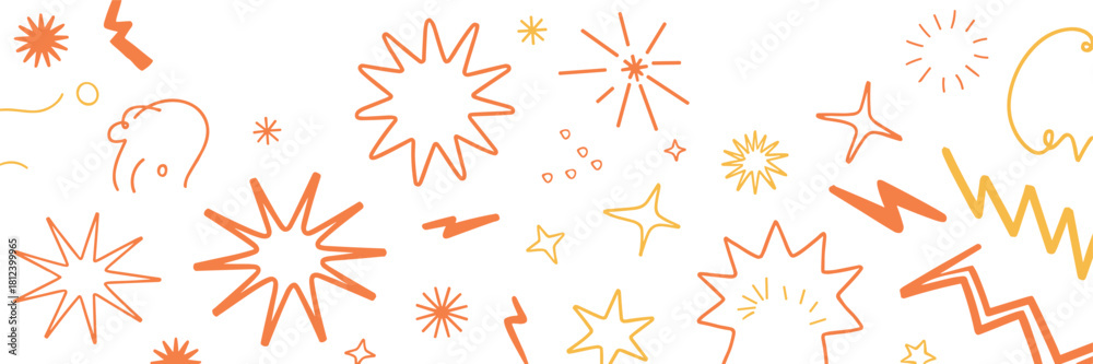 Obraz premium Abstract doodles, orange yellow shapes, dynamic sketch elements, playful design, decorative symbols, creative visuals, flat vector illustration