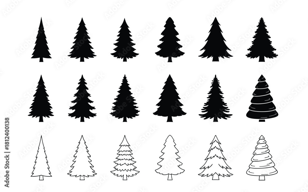 Obraz premium Collection of different christmas tree silhouettes and outlines in black and white