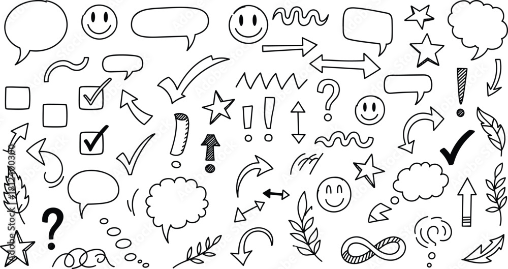 Fototapeta premium Arrows, check marks, speech bubbles, stars, question marks, exclamation points, smiley faces, leaves, abstract shapes, doodles, sketch, symbols, icons, communication, flat vector illustration