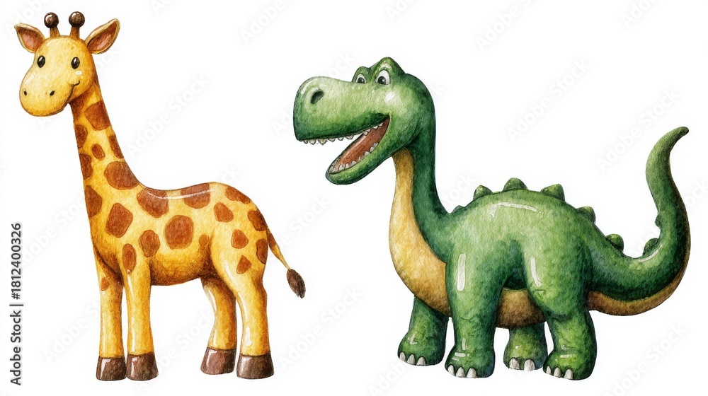 Fototapeta premium A colorful jungle scene features a cute cartoon giraffe and dinosaur standing together surrounded by green and orange leaves in a playful and friendly animal illustration