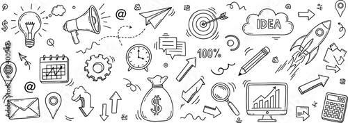 Business doodles, productivity icons, planning tools, innovation symbols, financial growth elements, strategy visuals, creative sketches, flat vector illustration