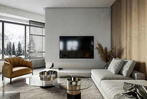 Fototapeta Naklejka Na Ścianę i Meble -  Mockup a TV wall mounted with leather armchair in living room with a panel accents wall- 3D rendering