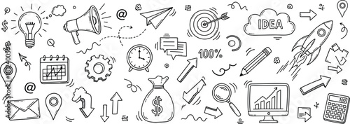 Business doodles, productivity icons, planning tools, financial growth symbols, creative strategy visuals, innovation elements, flat vector illustration