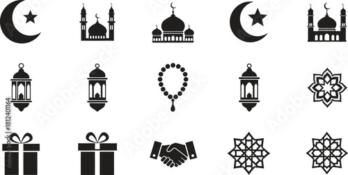 Islamic Vector Icon Set Crescent Moon Mosque Lantern Rosary and More