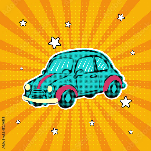 A retro small car in a pop art comic style with a halftone effect on a yellow sunburst background, vector illustration