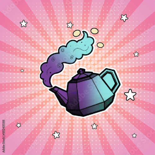 A colorful teapot with steam in a retro pop art comic style with a halftone effect on a pink sunburst background, vector illustration