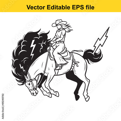 Black and white vector illustration of a cowgirl riding a bucking horse with a lightning bolt in its tail, isolated on