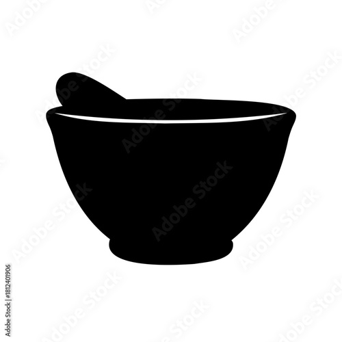 Black Silhouette of Mortar and Pestle against a White Background Depicting Grinding
