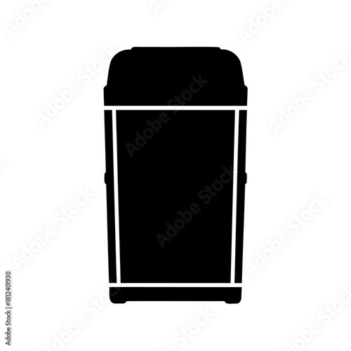 Simple black silhouette illustration of a closed swing top trash receptacle