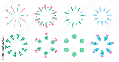 Set of cute round frame with flat dental care products isolated on white background. Personal oral care.