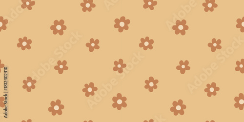 Delicate seamless pattern with petite daisy flowers in beige and brown colors. Minimal floral summer background.