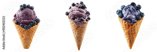 Set of Close-up of a smooth scoop of blueberry ice cream with visible fruit texture on transparent png background. Ai generated
