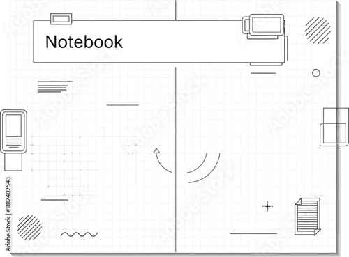 Blueprint style outline drawing of an open notebook page with technical schematic elements, abstract design concept for planning, documentation, or digital interface layout on a white background