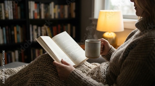 Foto Woman reading a book with coffee near a bookshelf