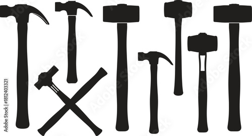 Silhouette of various hammers collection in black on white background