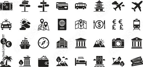 Travel and Tourism Vector Icons Set for Vacation and Holiday Planning