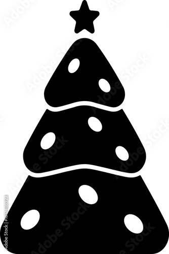 Simple black and white christmas tree with star and ornaments silhouette