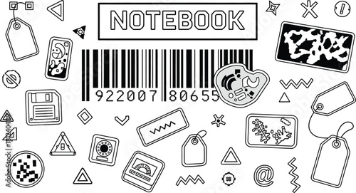 Collection of hand drawn doodle elements related to office supply, retail, and technology, including barcode, price tag, floppy disk, and notebook label, isolated on white background