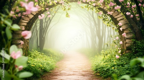 Stone Archway, Pink Blossoms, Misty Forest Path, Fantasy Landscape, spring scene, nature photography Floral Archway, Springtime Path