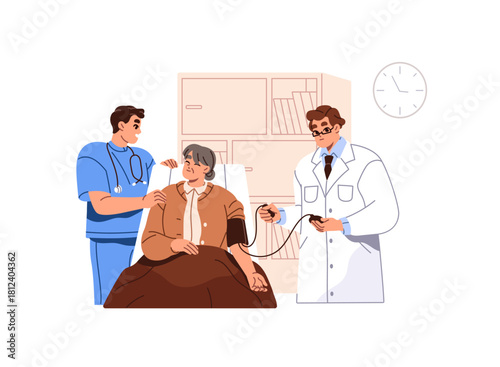 Doctor measures blood pressure with tonometer to old woman. Medics care about senior patient's health in hospital. Granny lying on bed, getting medical help. Flat isolated vector illustration on white