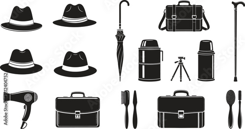 Vector Image of Mens Accessories and Travel Items in Black Silhouette
