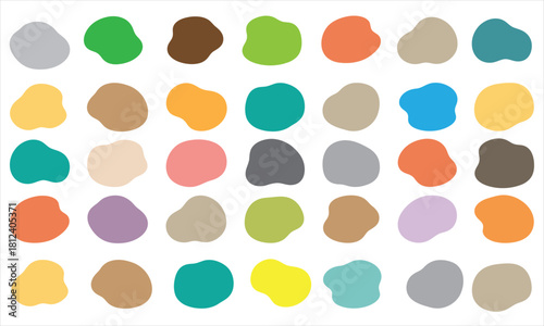 An assortment of irregularly shaped colorful blobs are arrayed across the white field seamlessly